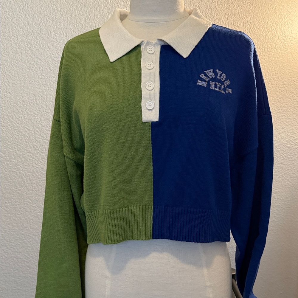 Forever 21 Colorblock Polo Crop Sweater with Embroidery Sz L